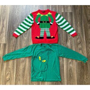 CHRISTMAS BOYS ELF UGLY SWEATER & GRINCH LONG SLEEVE SHIRT BUNDLE 2 PCS SZ 10-12